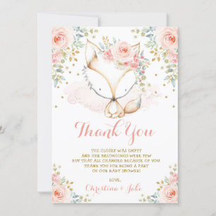 Woodland Fox Blush Gold Floral Girl Baby Shower Thank You Card