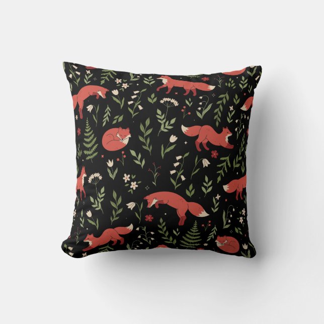 Woodland Fox Botanical Pattern Cushion (Front)