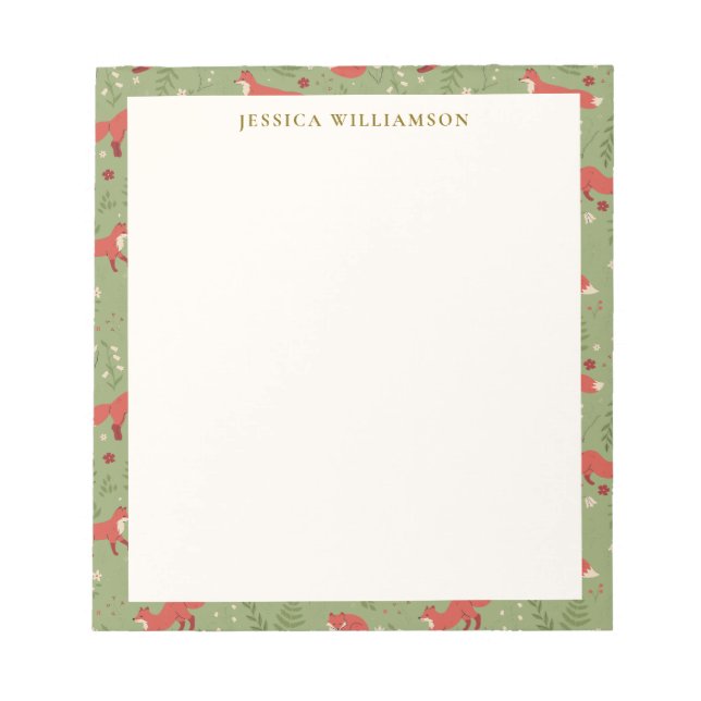 Woodland Fox Botanical Pattern Personalised Name Notepad (Front)