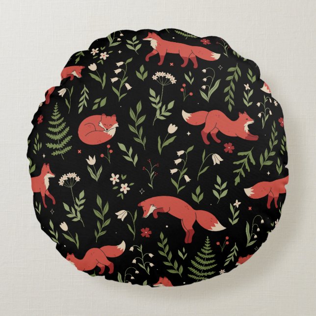 Woodland Fox Botanical Pattern Round Cushion (Front)