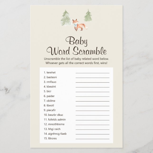 Woodland Fox Boy Shower Baby Word Scramble Game Flyer (Front)