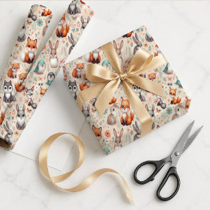 Woodland Fox Bunny Watercolor Boho Gift Wrap Paper