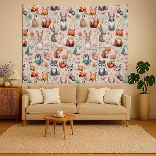 Woodland Fox Bunny Watercolor Boho Nursery Tapestr Tapestry