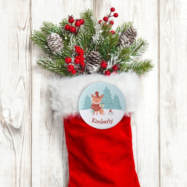 Woodland Fox Christmas Button (Personalized Christmas Stocking Name Tag Button)