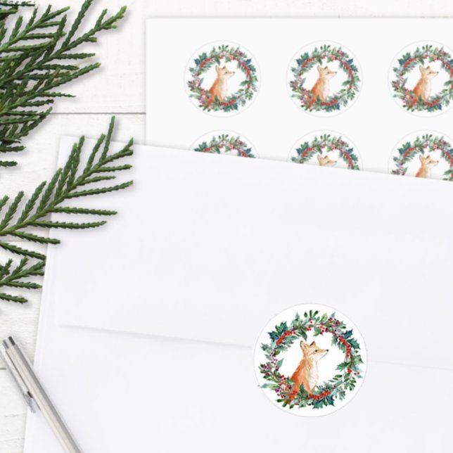 Woodland Fox Christmas Classic Round Sticker (Woodland Fox Envelope Seal Sticker)