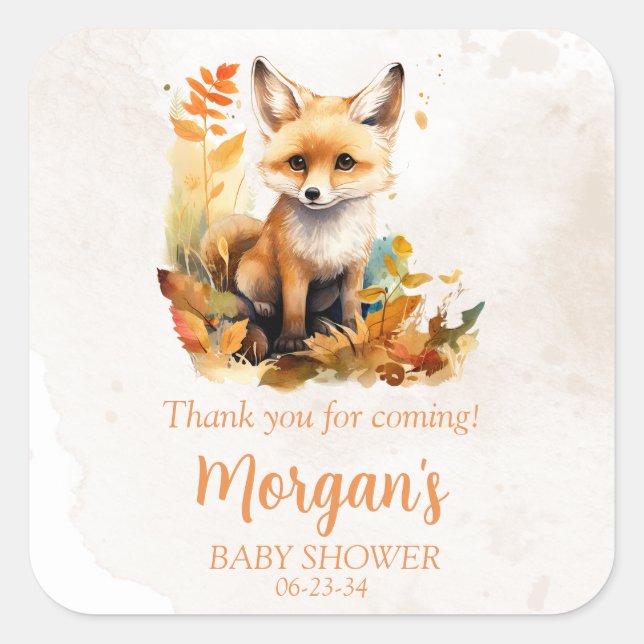 Woodland Fox Cute Baby Shower Favours Square Sticker (Front)