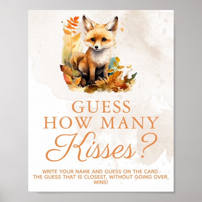 Woodland Fox Cute Baby Shower Game How Many Kisses Poster (Front)