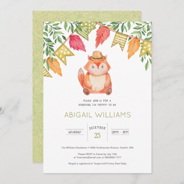 Woodland Fox Family Party Minimal Baby Shower Invitation (Front/Back)