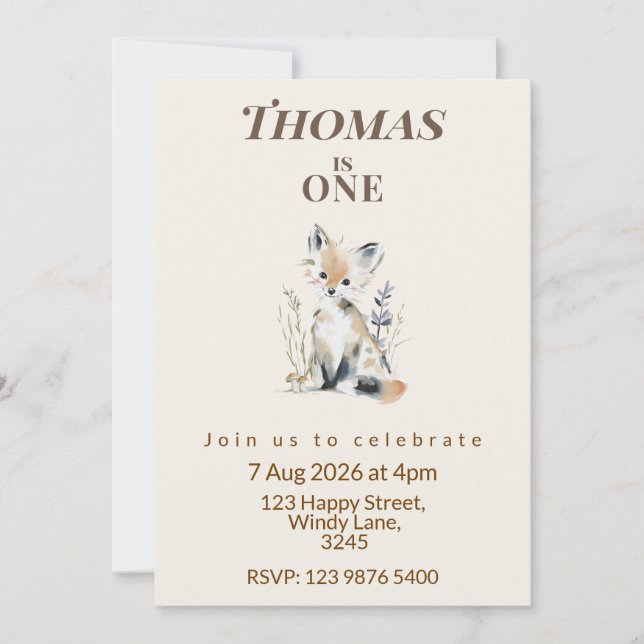 Woodland Fox First Birthday Invitation (Front)