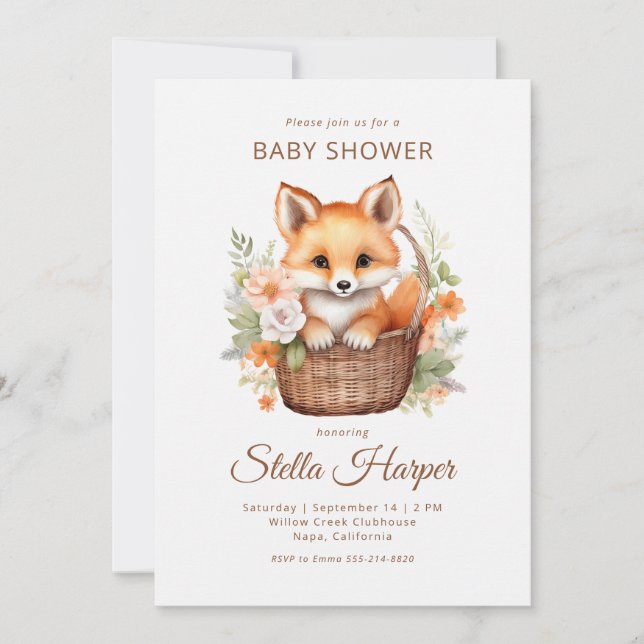 Woodland Fox Floral Girl Baby Shower Invitation (Front)