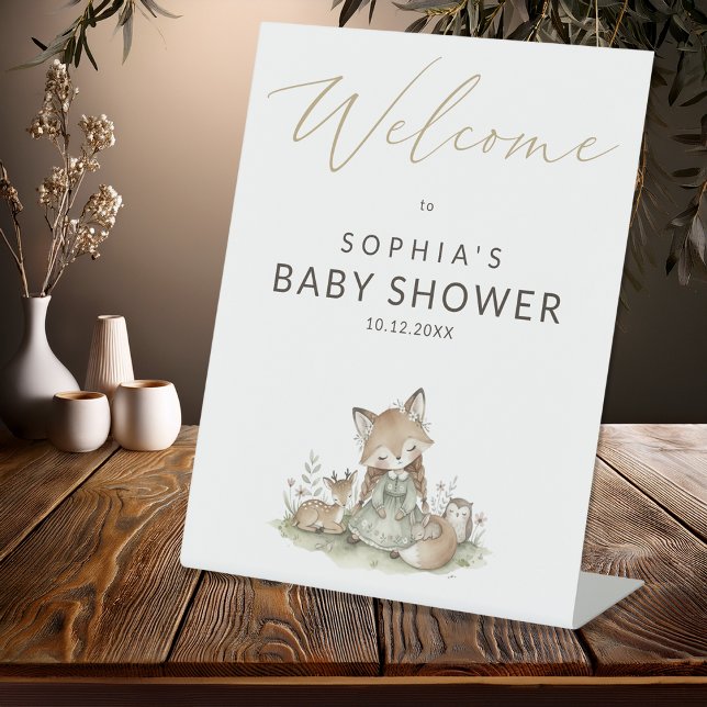 Woodland Fox Girl Baby Shower Welcome Pedestal Sign (Creator Uploaded)