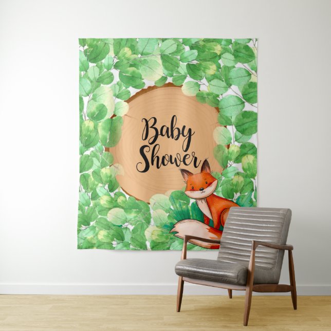 Woodland Fox Greenery Baby Shower Backdrop Tapestry (In Situ)