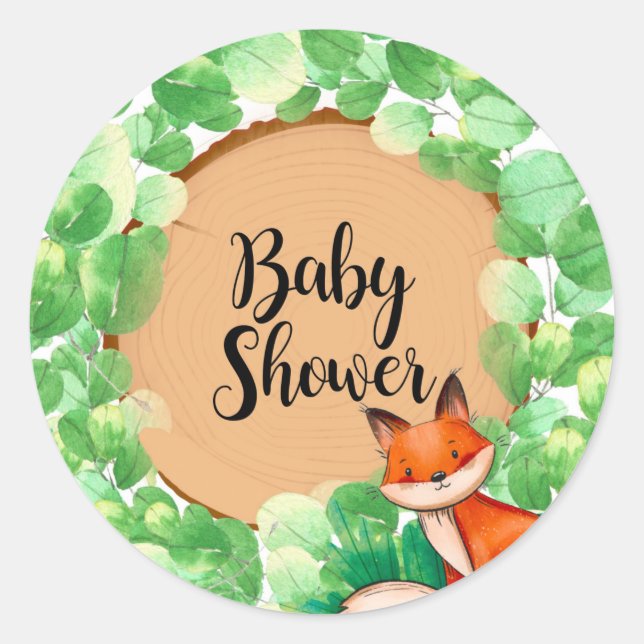 Woodland Fox Greenery Baby Shower Classic Round Sticker (Front)