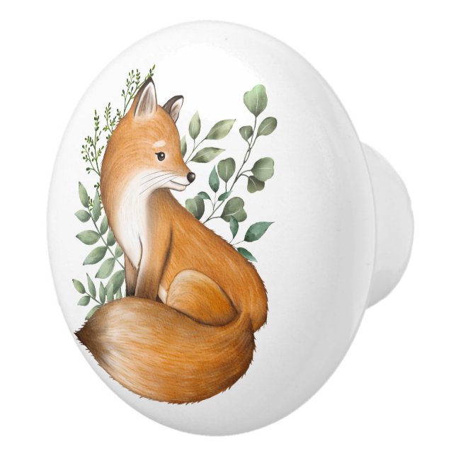 Woodland Fox Greenery Forest Botanical Leaves Ceramic Knob (Right)