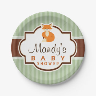 Woodland Fox; Orange, Sage, Brown Baby Shower Paper Plate