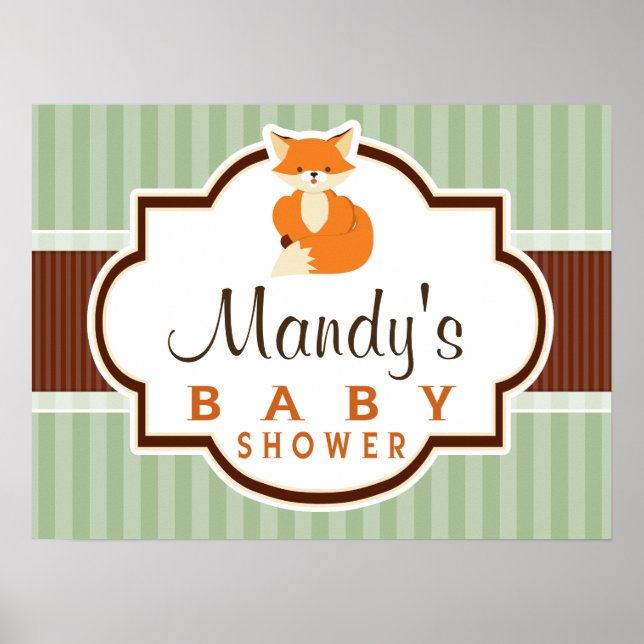 Woodland Fox; Orange, Sage, Brown Baby Shower Poster (Front)