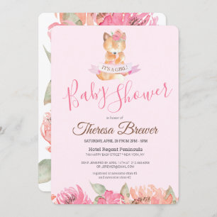 Woodland Fox Pink Watercolor Floral Baby Shower Invitation