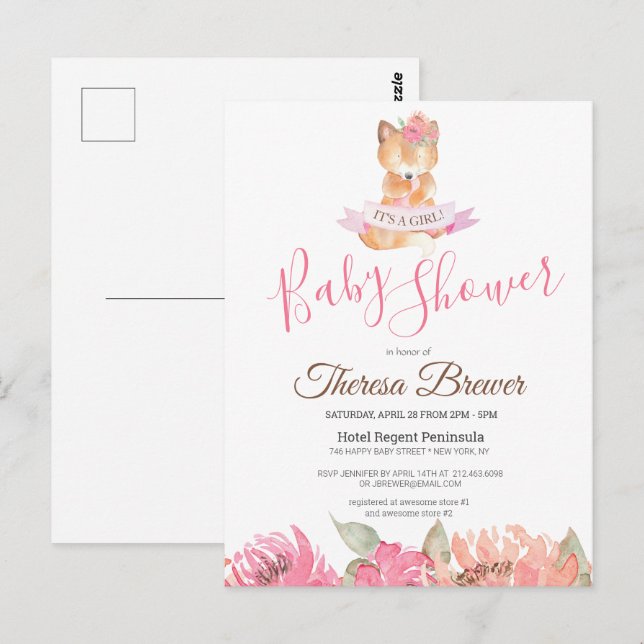 Woodland Fox Pink Watercolor Floral Baby Shower Postcard (Front/Back)