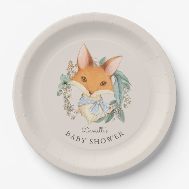 Woodland Fox Portrait Baby Shower for Boy Paper Plate (Front)