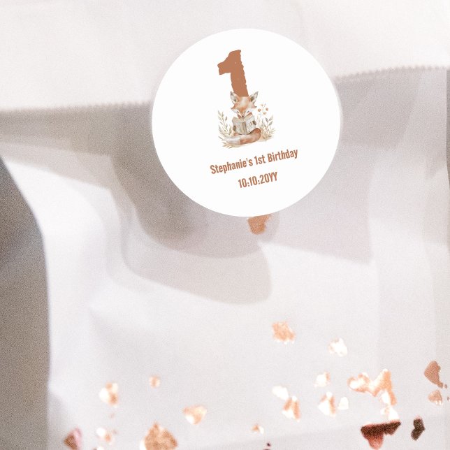  Woodland Fox Reading a Book 1st Birthday Party  Classic Round Sticker (Creator Uploaded)