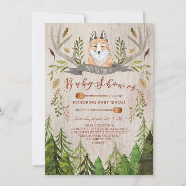 Woodland Fox Rustic Baby Shower Invitations (Front)