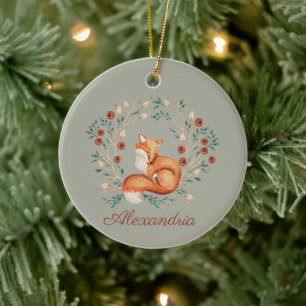 Woodland Fox Whimsical Watercolor With Custom Name Ceramic Tree Decoration