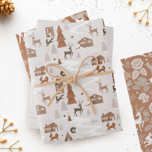 Woodland Foxes, Rabbit & Reindeer Village & Floral Wrapping Paper Sheet