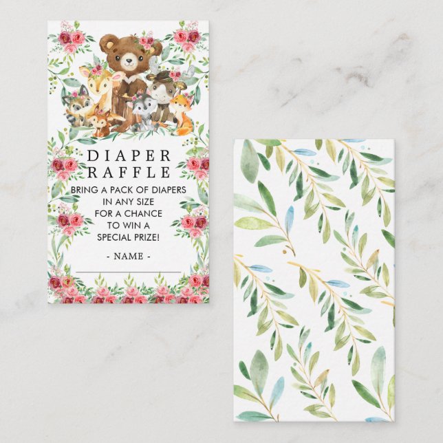 Woodland Friends Baby Shower Diaper Raffle Ticket Enclosure Card (Front/Back)
