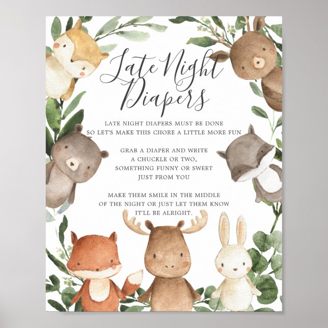 Woodland Friends Baby Shower Late Night Diapers Poster (Front)