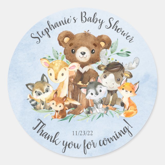 Woodland Friends Boys Baby Shower  Classic Round Sticker (Front)