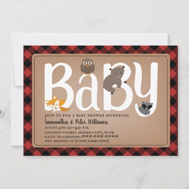 Woodland Friends Buffalo Plaid Baby Shower Invitation (Front)