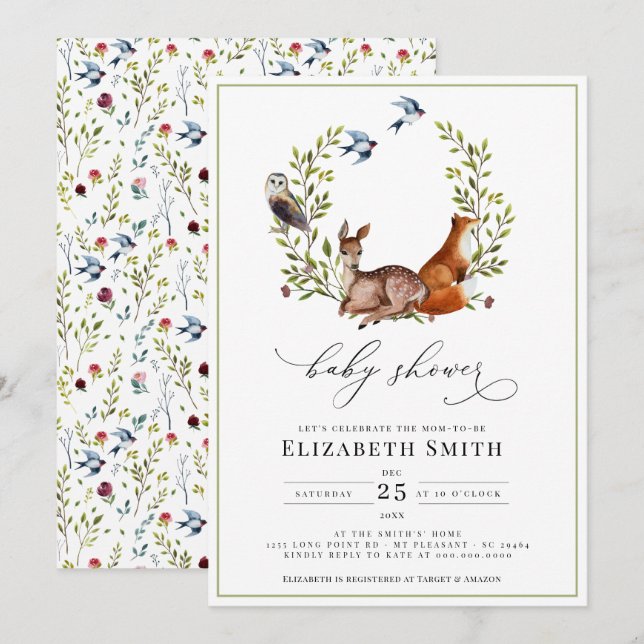 Woodland Friends Floral Watercolor Baby Shower Invitation (Front/Back)