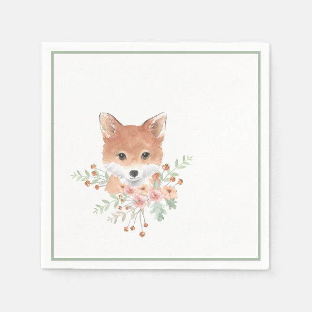 Woodland Friends Fox Floral Green Watercolor Napkin (Front)