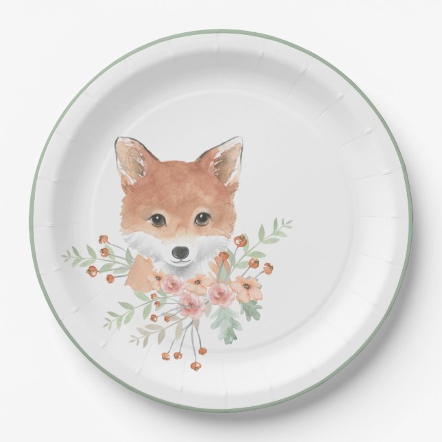 Woodland Friends Fox Floral Green Watercolor Paper Plate (Front)