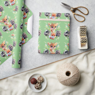Woodland friends fox skunk racoon deer wrapping paper