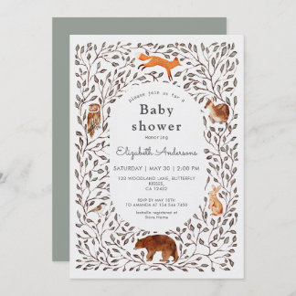 Woodland Friends Gender Neutral Sage Baby Shower Invitation