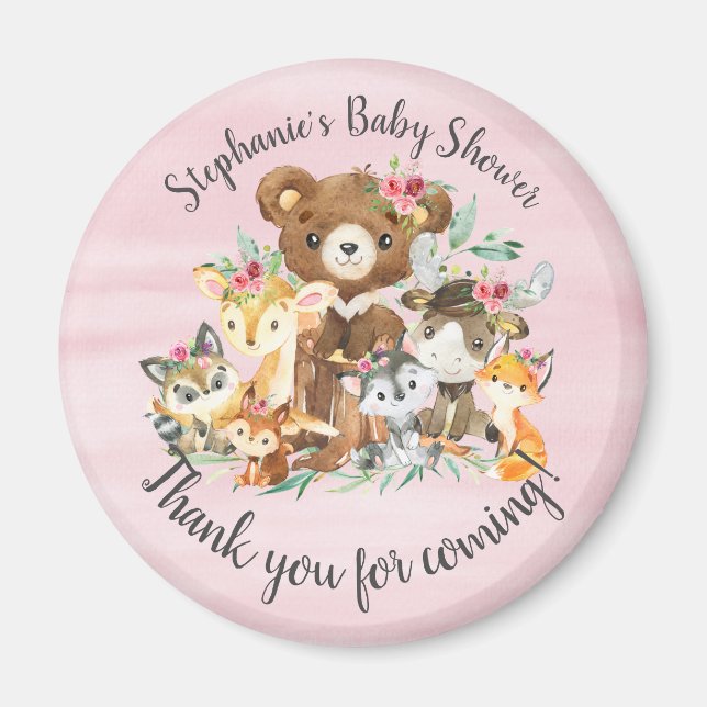 Woodland Friends Girls Baby Shower Favour Magnet (Front)