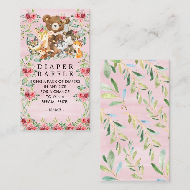Woodland Friends Girls Diaper Raffle Ticket  Enclosure Card (Front/Back)