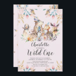 Woodland Friends Wild One Birthday Invitation<br><div class="desc">Cute woodland animals wild one girls birthday Invitation with a coordinating back.</div>