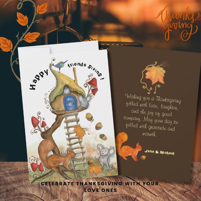 Woodland Friendsgiving -  Cosy Autumn Scene Holiday Card (Woodland Friendsgiving - Cozy Autumn Scene Holiday Card)