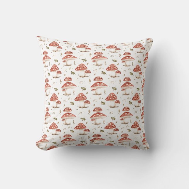 Woodland Frogs & Fly Agaric Mushrooms Watercolor Cushion (Front)