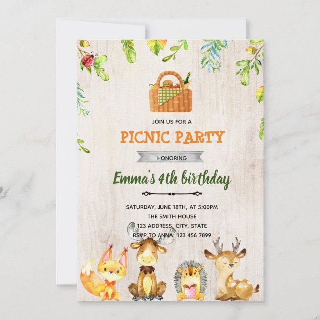 Woodland fun picnic party invitation (Front)