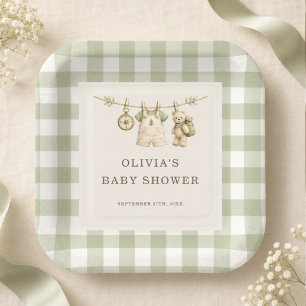 Woodland Gingham Sage Green Baby Shower  Paper Plate