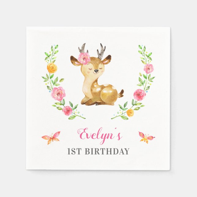 Woodland Girl Birthday Theme Deer Cocktail Paper Napkin (Front)
