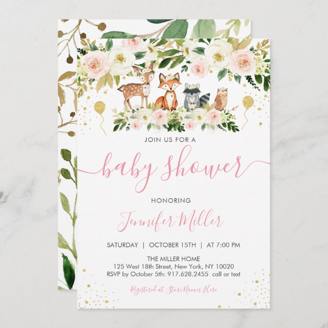 Woodland Girl Pink Floral Baby Shower Invitation (Front/Back)