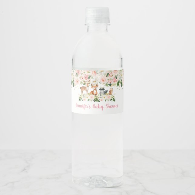 Woodland Girl Pink Floral Baby Shower Water Bottle Label (Front)