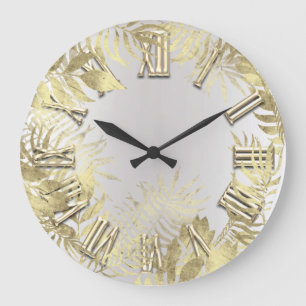 Woodland Golden Fern Foils Grey  Roman Number Large Clock
