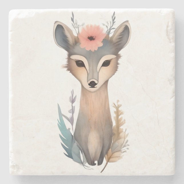 Woodland Grace: Floral Crowned Deer Stone Coaster (Front)