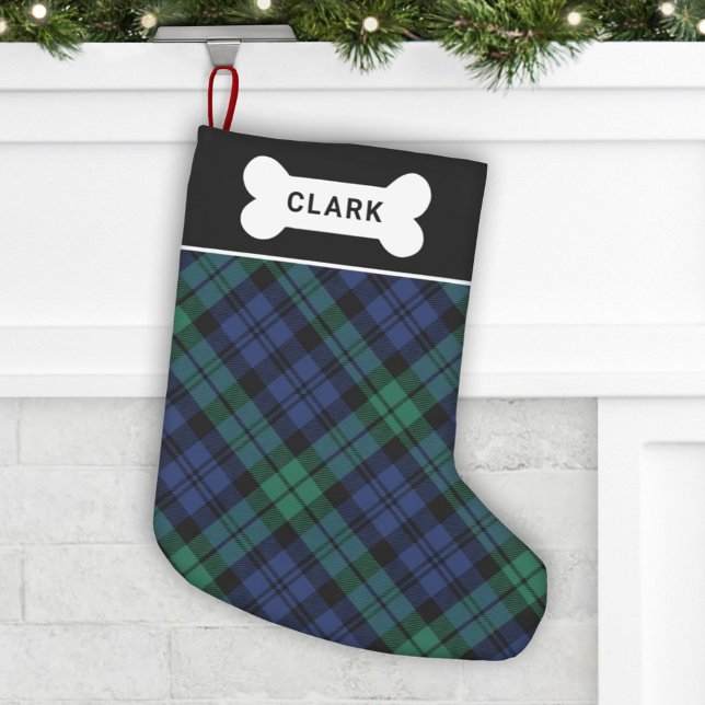 Woodland Green and Blue Tartan Dog Bone Name Small Christmas Stocking (Creator Uploaded)