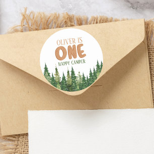 Woodland Green Rustic Happy Camper First Birthday Classic Round Sticker